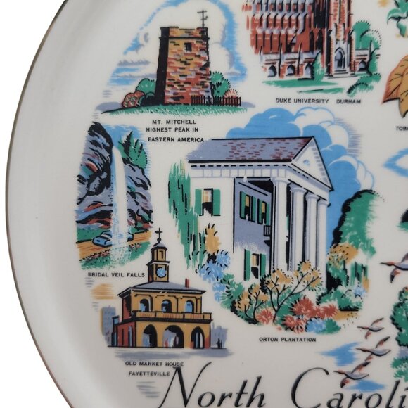 Vintage North Carolina Souvenir Plate With Gold Trim & Scenic Illustrations - Picture 6 of 10